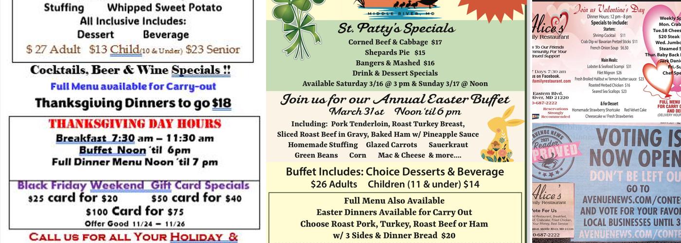 Alice's - A Family Restaurant Menu