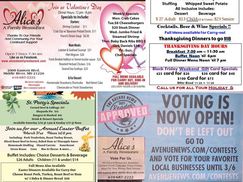 Alice's - A Family Restaurant Menu