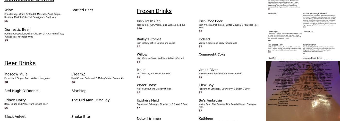 O'Malley's Pub Menu