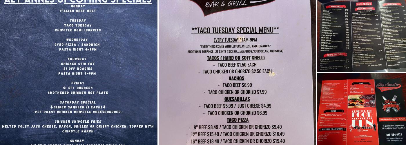 ALY ANNE'S Bar And Grill Menu