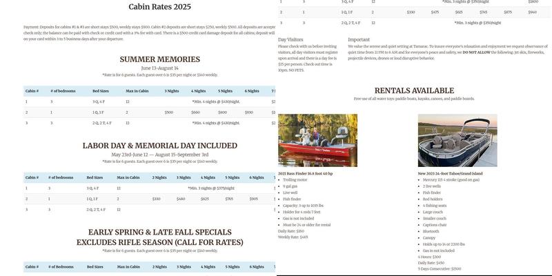 Tamarac Resort & Campground LLC Menu