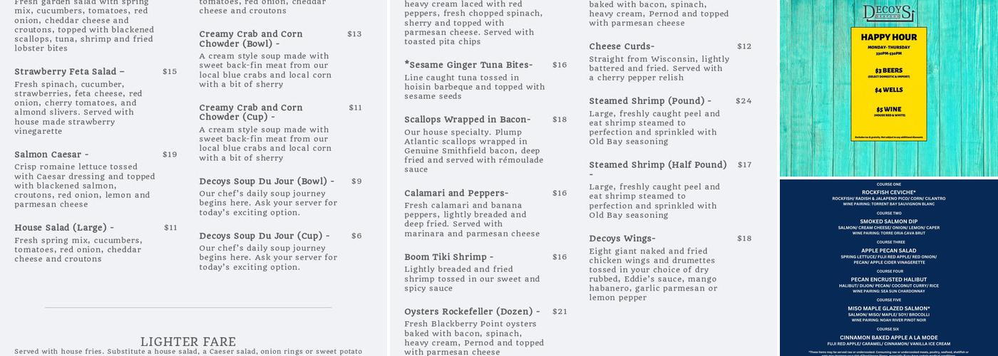 Decoys Seafood Menu