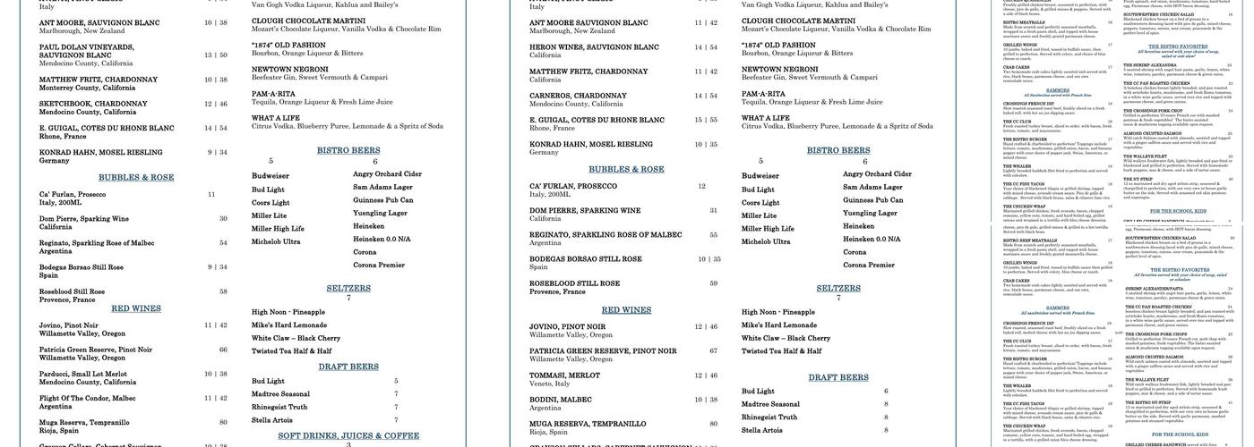 Clough Crossings American Bistro Menu