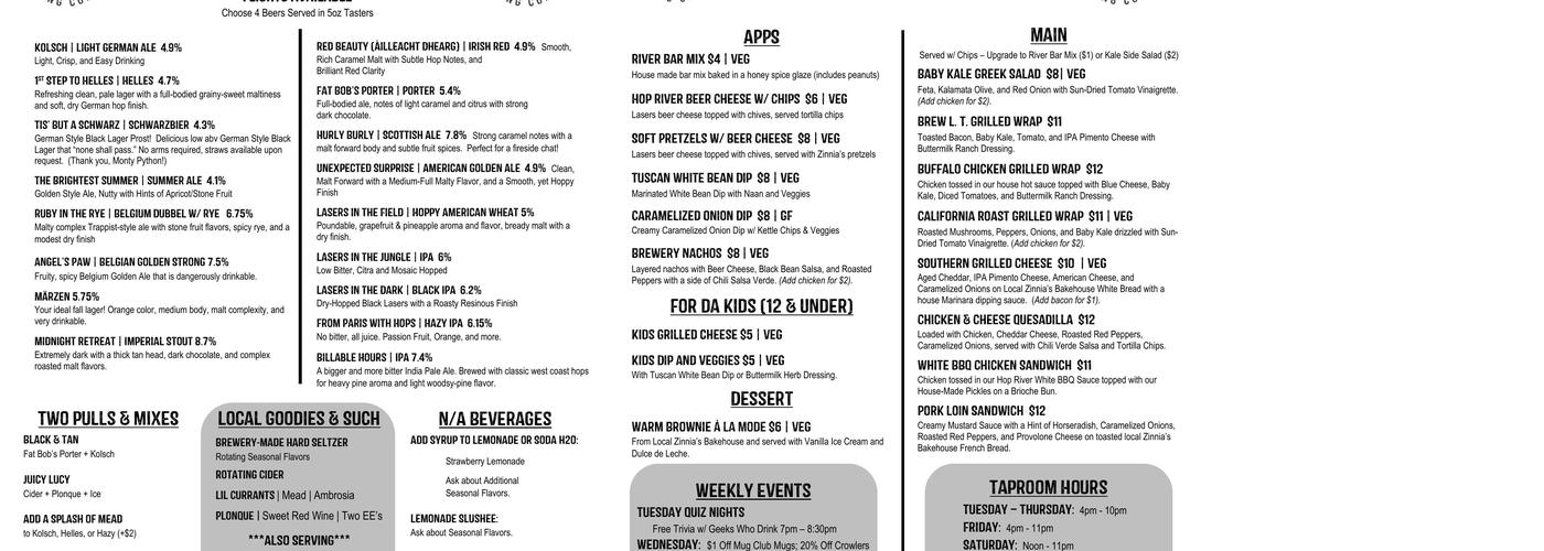 Hop River Brewing Company Menu