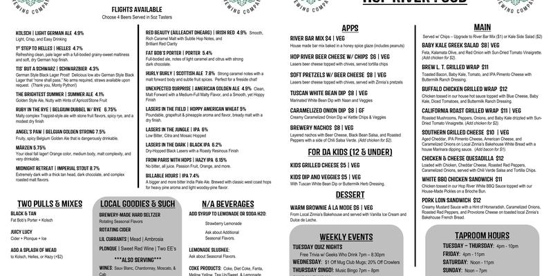 Hop River Brewing Company Menu