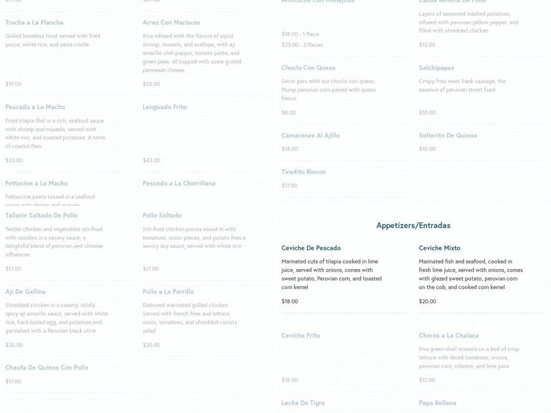 Chicken Bar - Peruvian Cuisine Menu