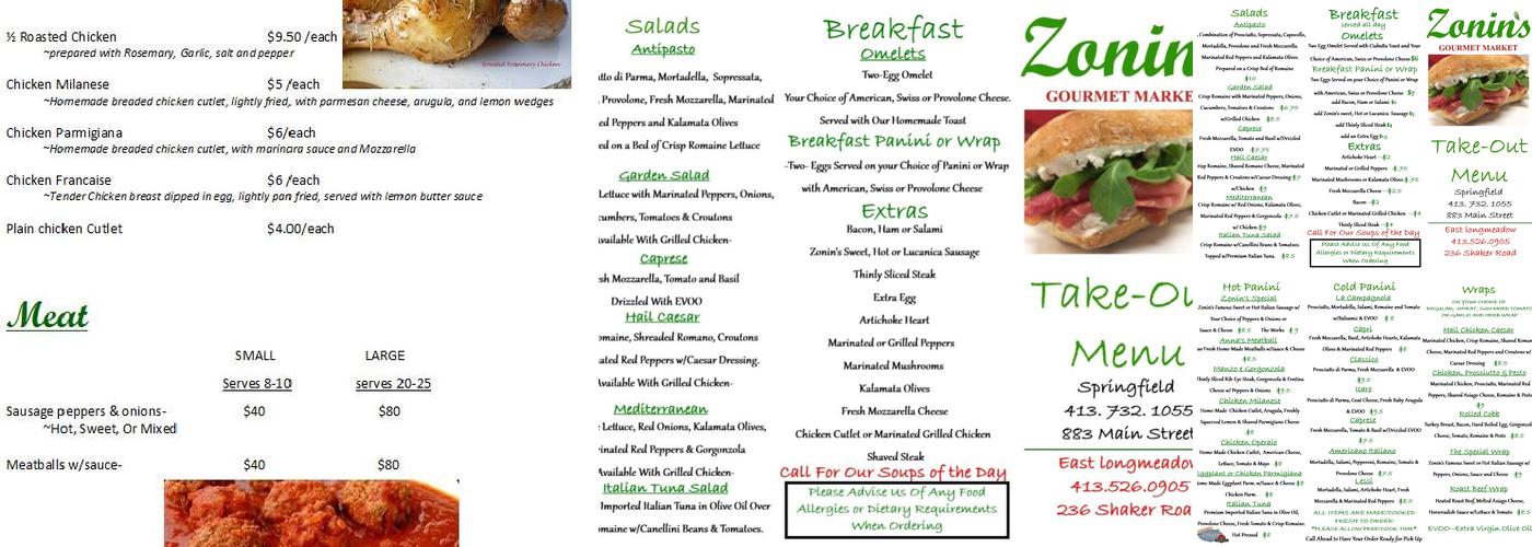 Zonin's Gourmet Market Menu