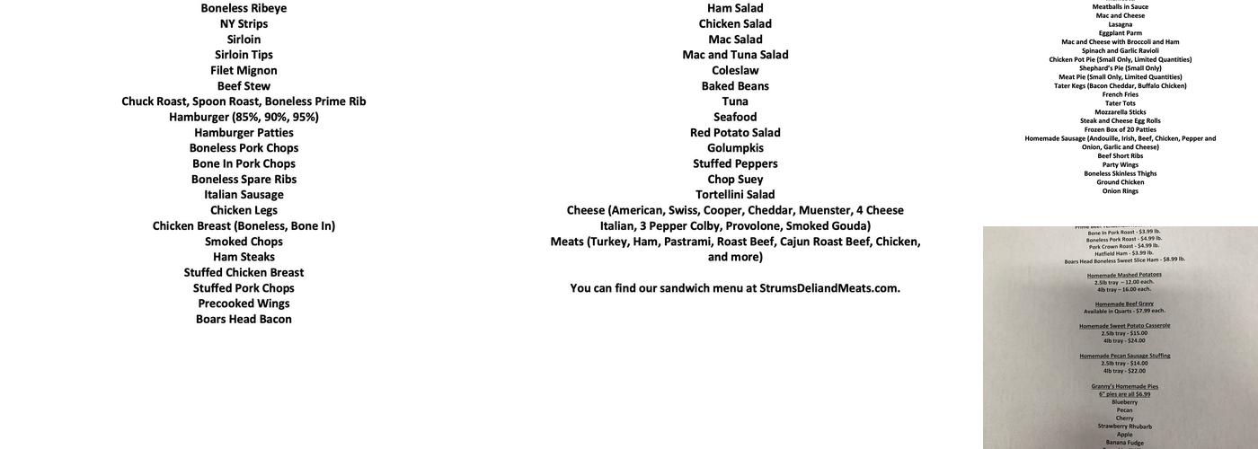 Strum's Deli & Meats Menu