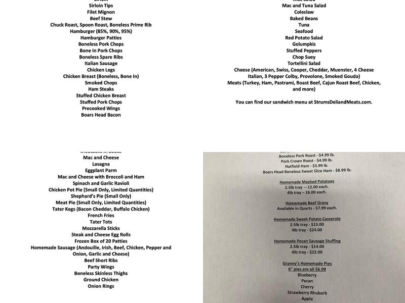 Strum's Deli & Meats Menu