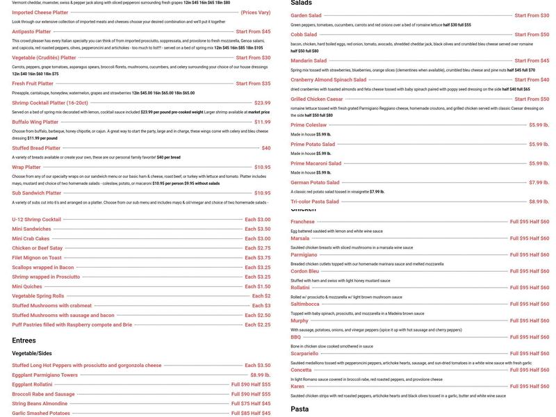 Prime Food Market Menu