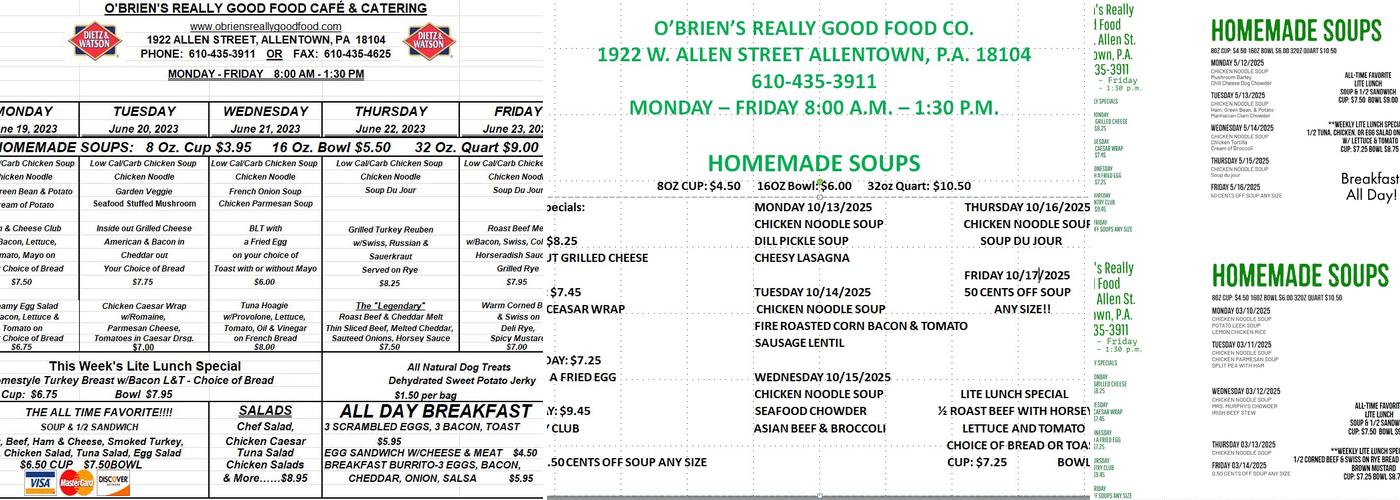 O'Brien's Really Good Food Co. Menu