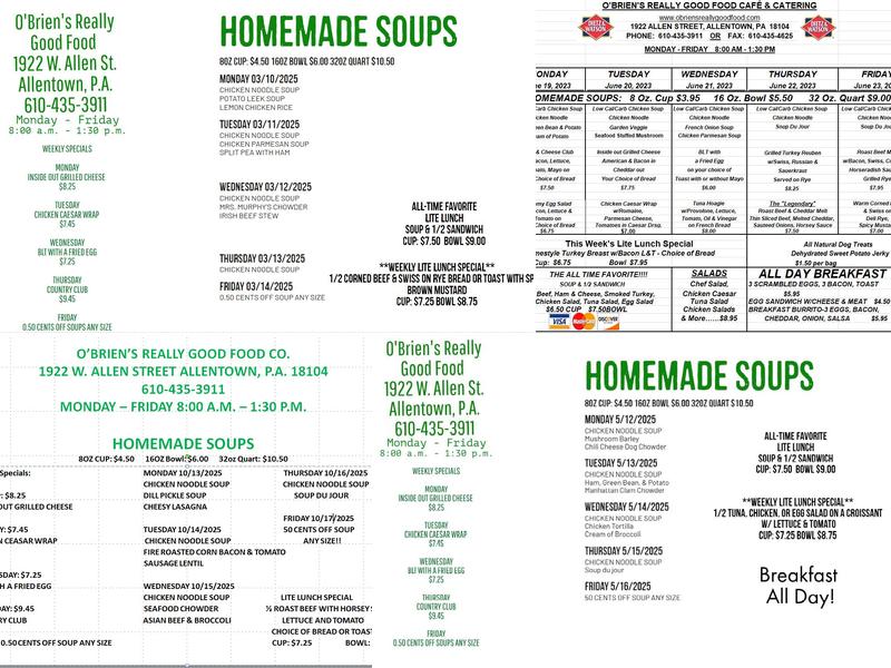 O'Brien's Really Good Food Co. Menu