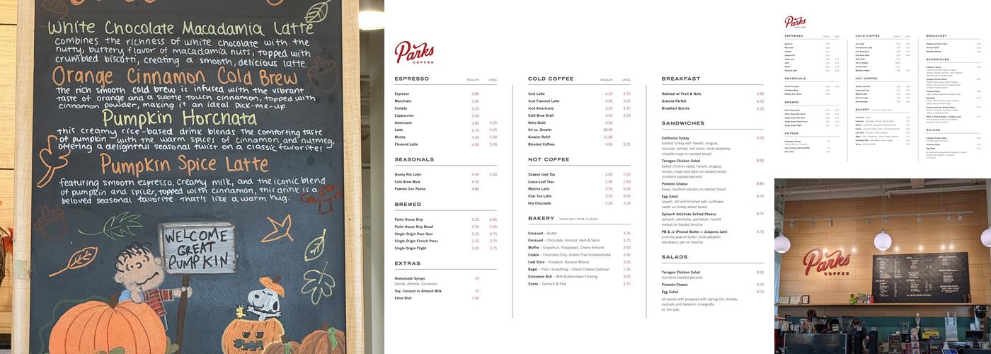 Parks Coffee Roastery & Cafe Menu