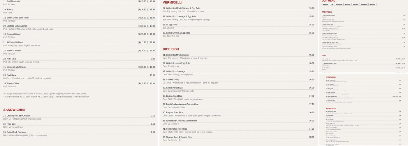 Pho Hot Menu