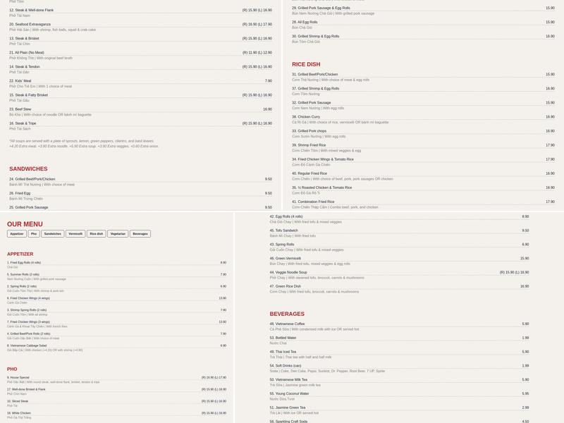 Pho Hot Menu