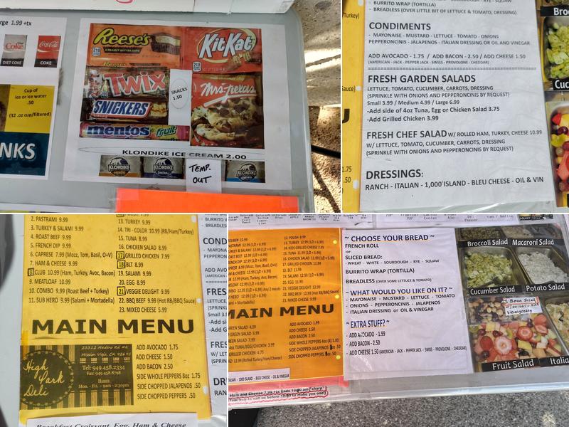 High Park Deli Sandwich Menu