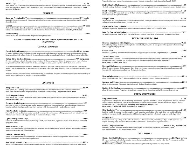 Claro's Italian Markets Inc Menu