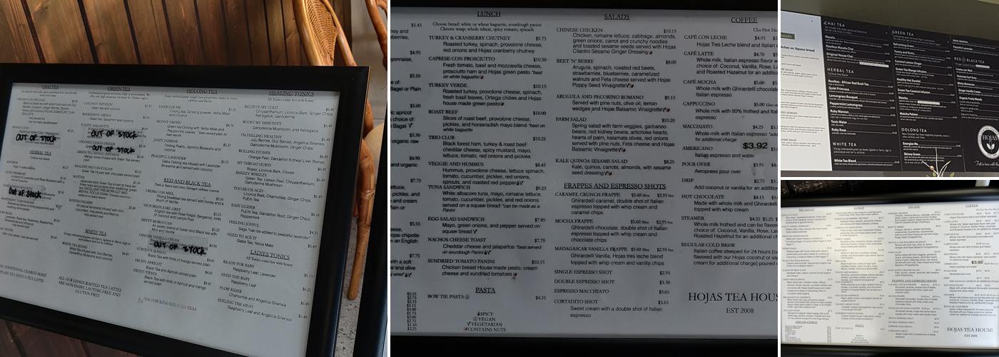 Hojas Tea House Menu