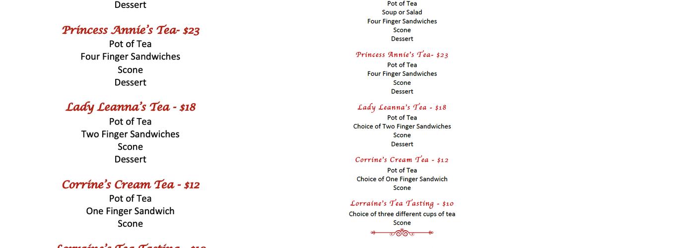 Teacups And Treasures Menu