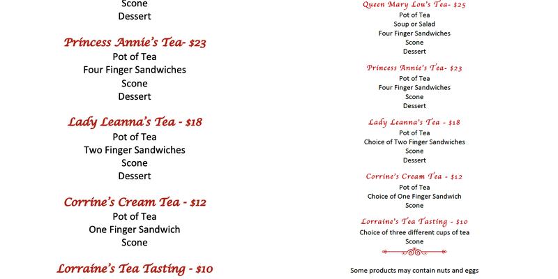Teacups And Treasures Menu