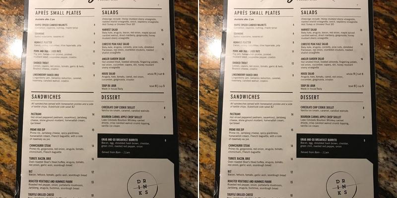 The Steamboat Base Club Menu