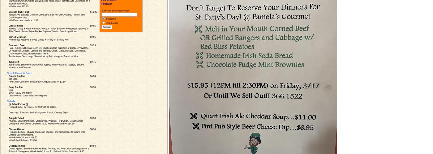 Pamela's Gourmet Menu