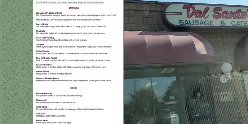 Dal Santo's Italian Sausage Menu