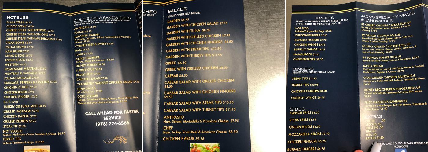 Jack's Takeout Menu