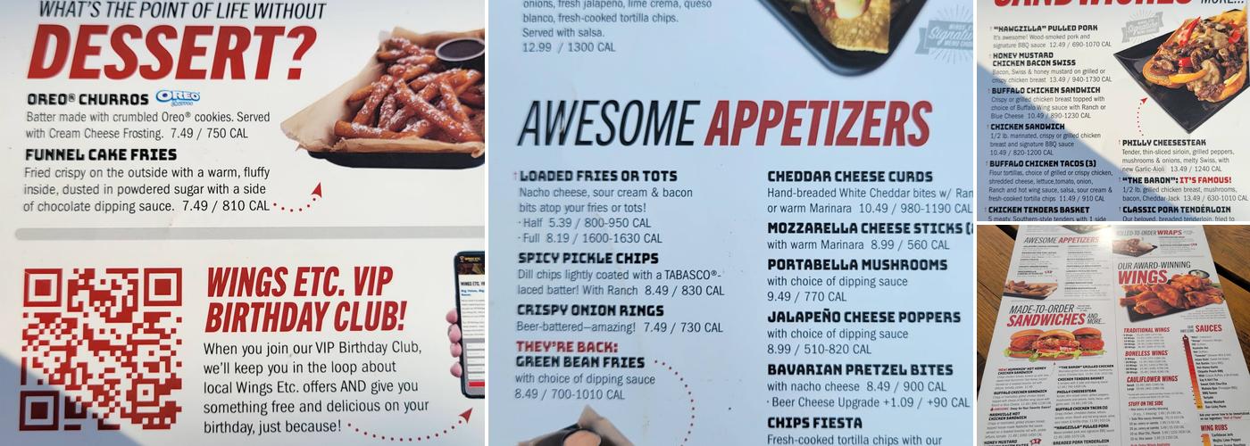 Wings Etc. Menu