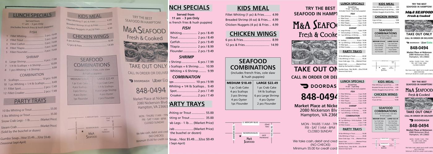 M & A Seafood Menu
