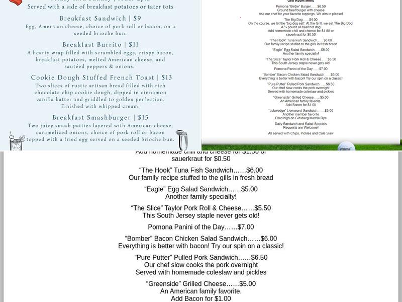 Pomona Golf & Country Club Menu