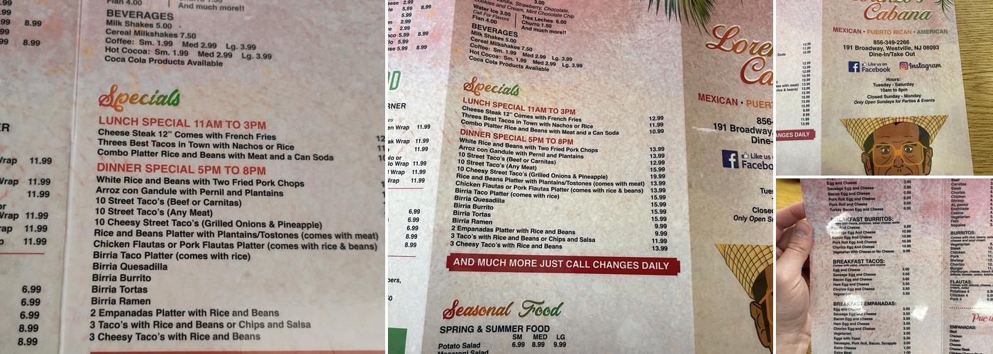 Lorenzo's Cabana Menu