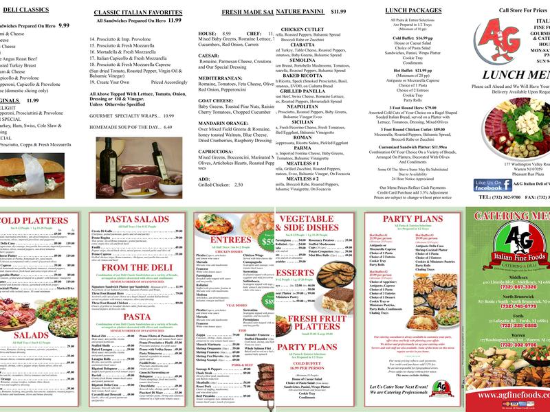 A & G Italian Fine Foods Menu