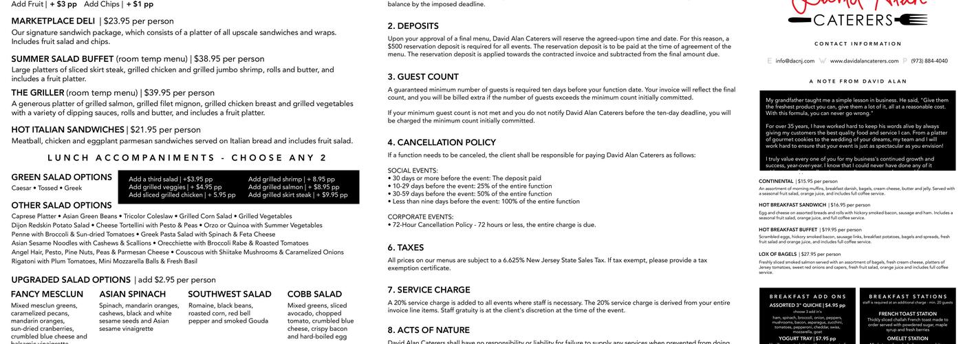 David Alan Caterers Menu