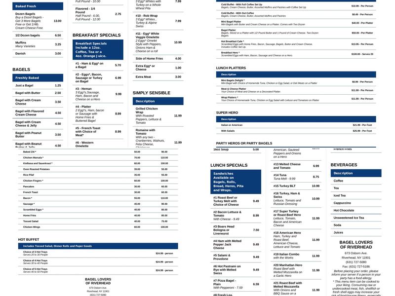 Bagel Lovers Menu