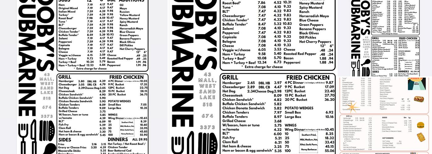 Doby's Submarines Menu