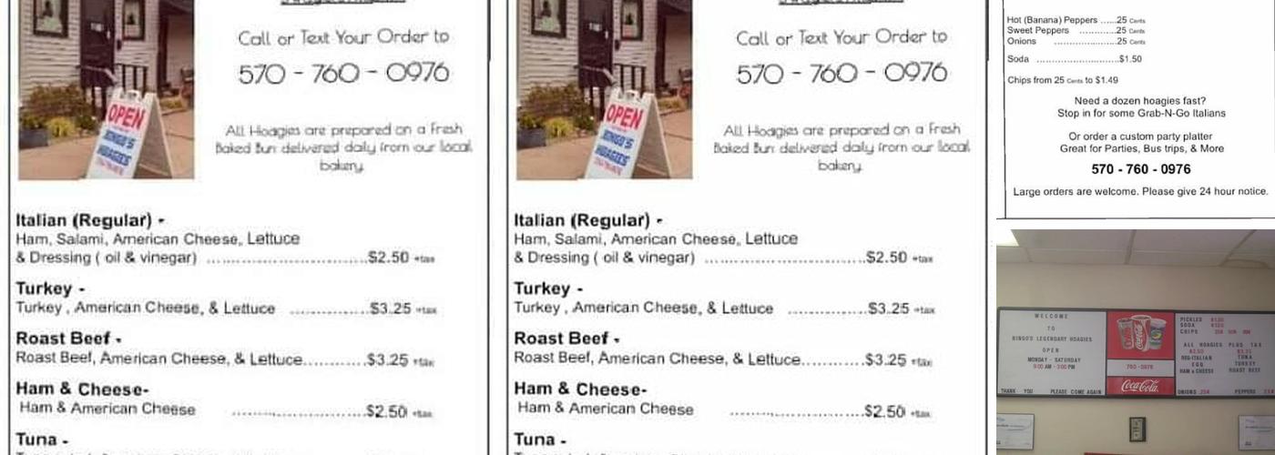 Bingo's Hoagies Menu