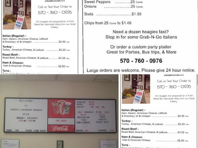 Bingo's Hoagies Menu