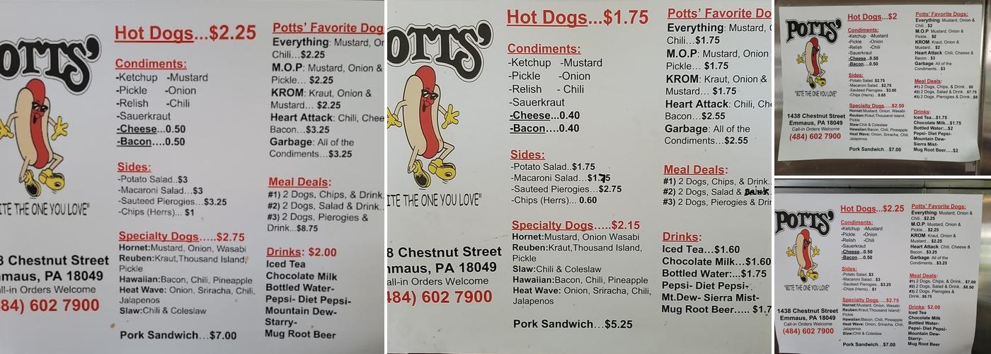 Potts' Dog Barn Menu