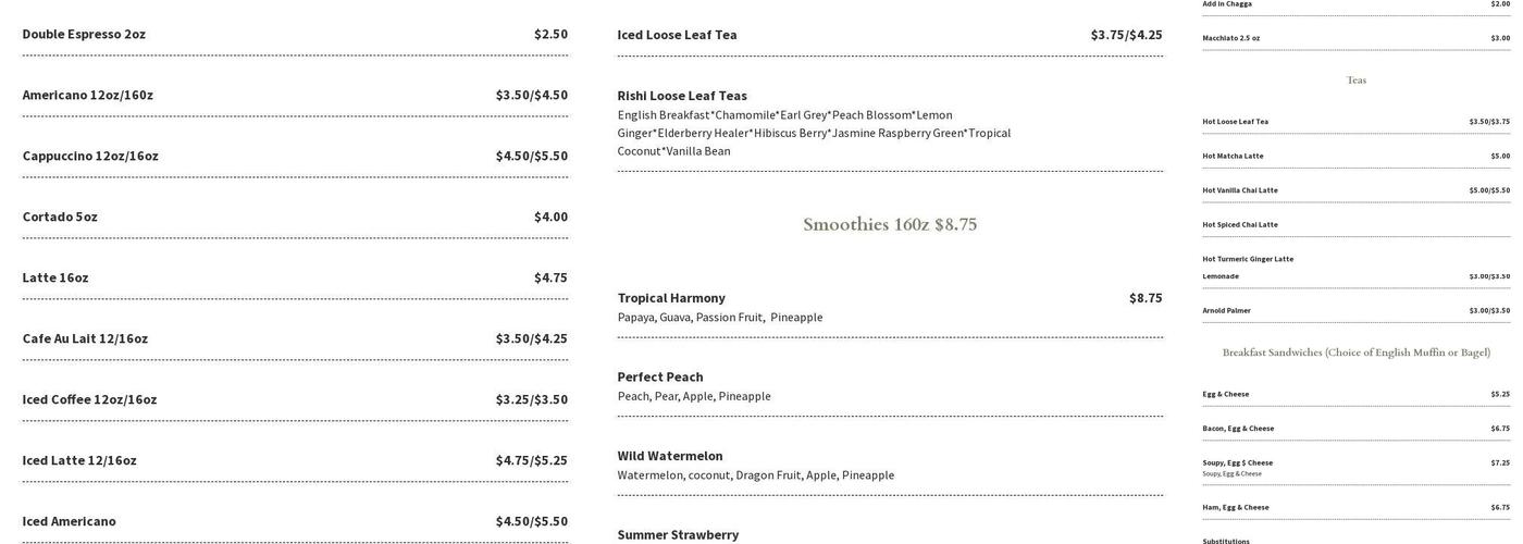 Fresh Cup Cafe Menu