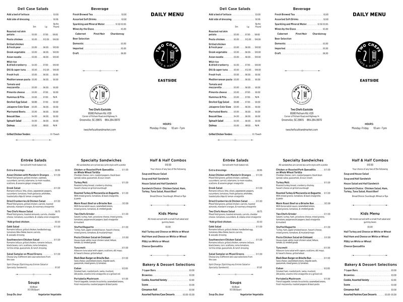 Two Chefs Eastside Menu