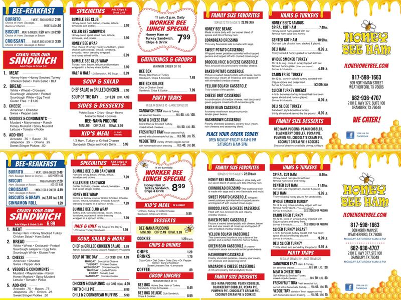 Honey Bee Ham Menu