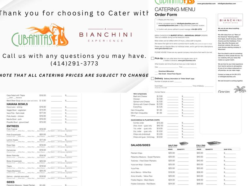 Cubanitas Oak Creek Menu