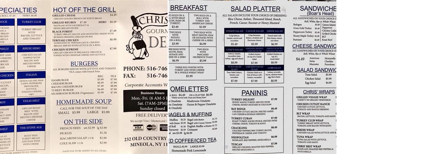 Chris's Deli & Caterers Menu