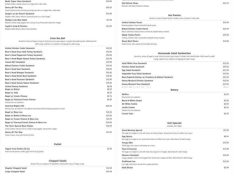 Town Bagel Menu