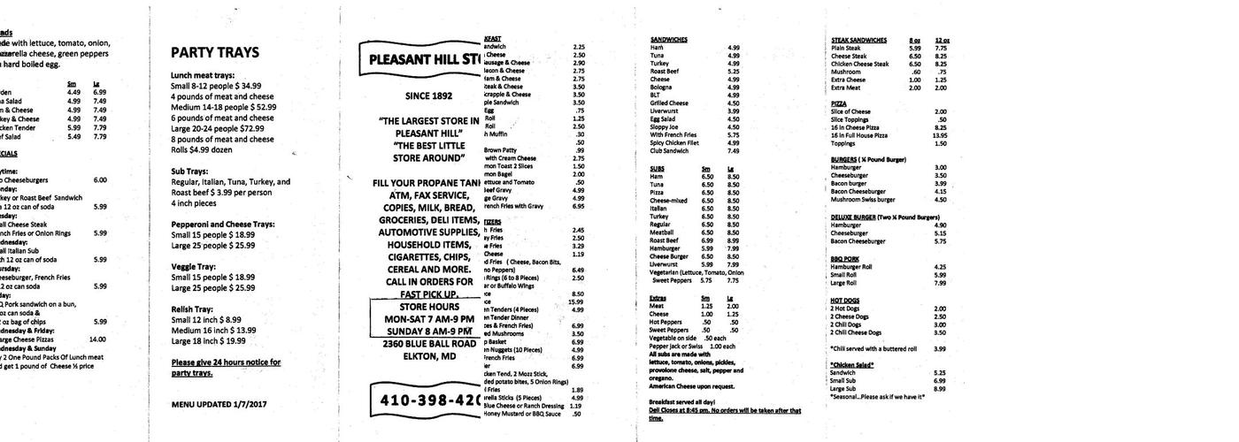 Pleasant hill Menu