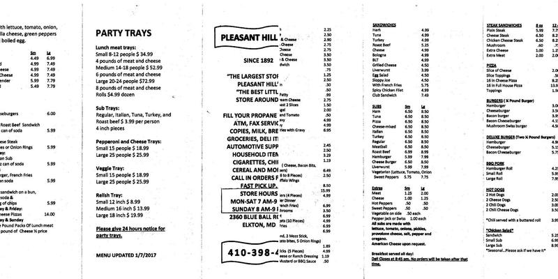 Pleasant hill Menu