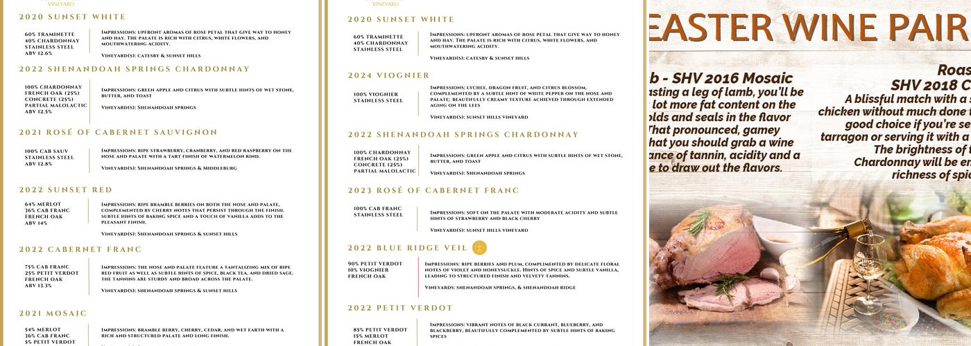 Sunset Hills Vineyard Menu