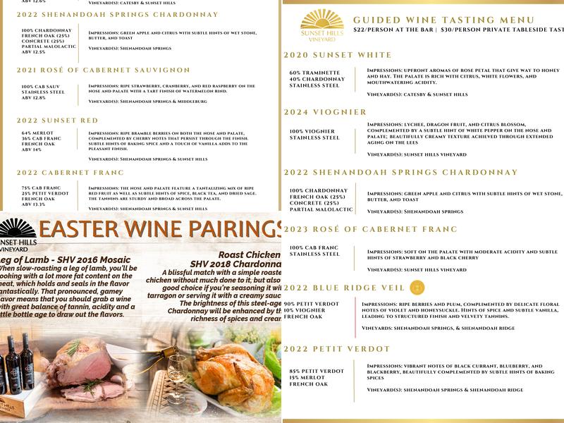 Sunset Hills Vineyard Menu