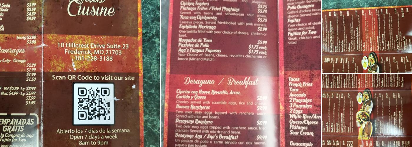 Ana's Pupuseria Menu